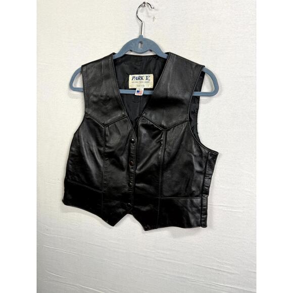 Vtg Park V Leather Biker Vest Womens 16 Black Motorcycle Classic Button Front - Picture 3 of 8